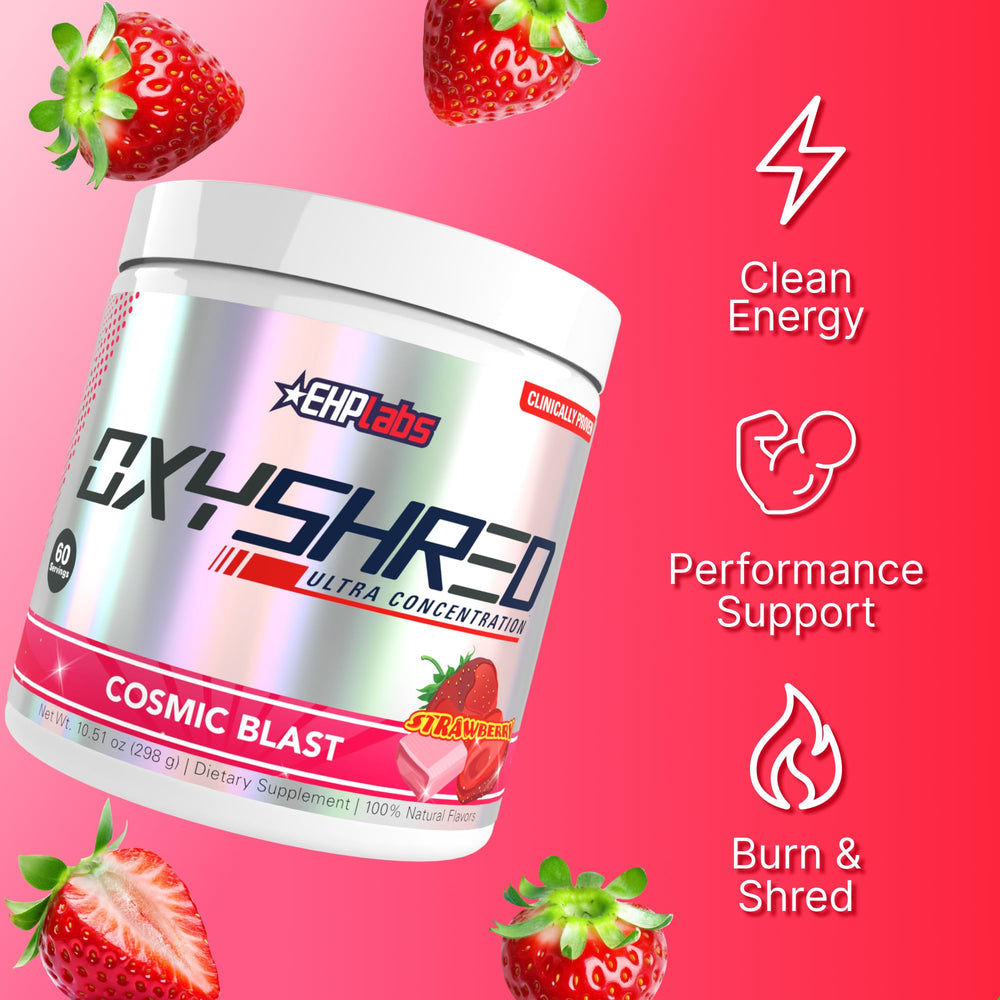 EHP Labs vaso con OxyShred mezclado listo para entrenar y dar energía
