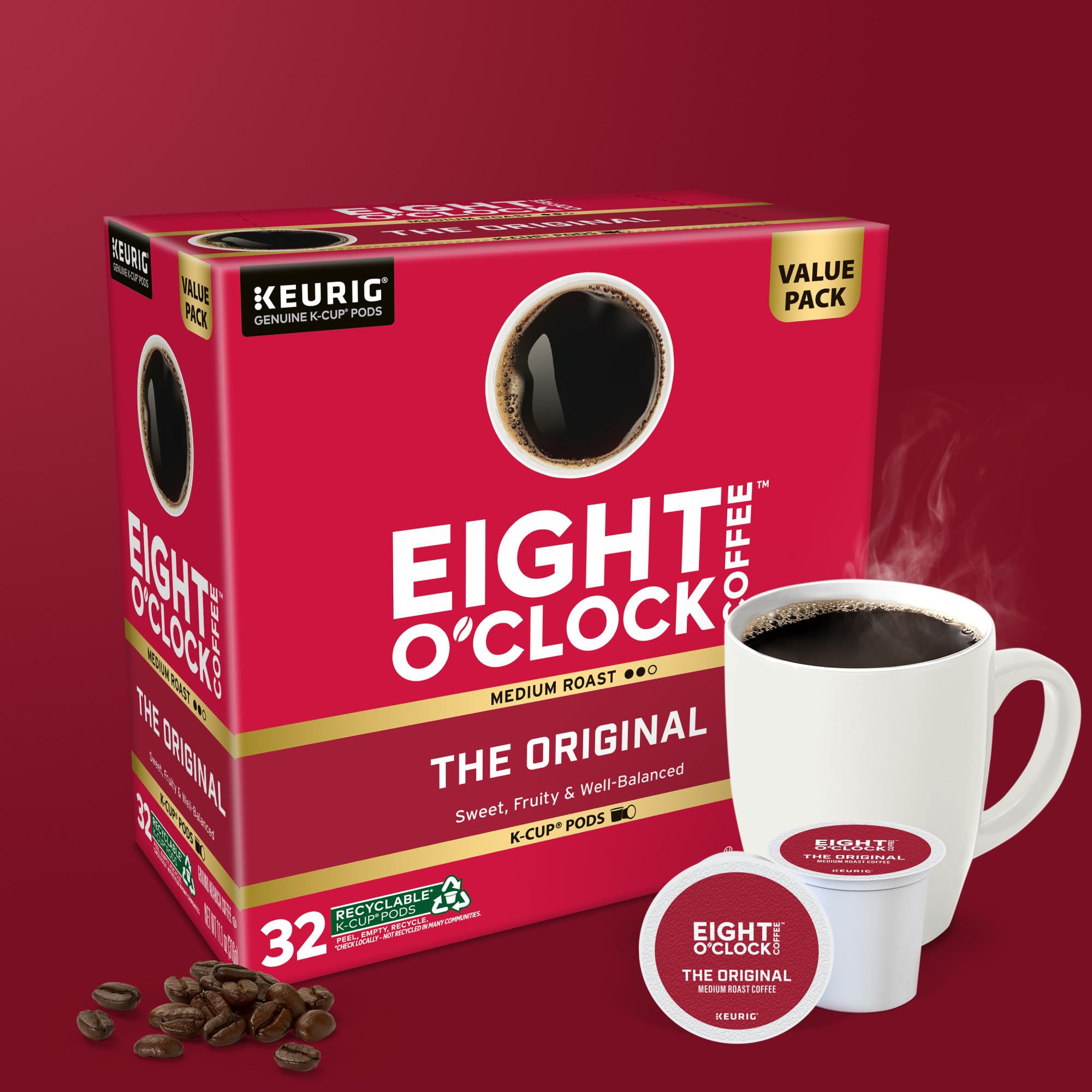 Eight O'Clock Coffee caja abierta con 32 cápsulas lista para uso diario