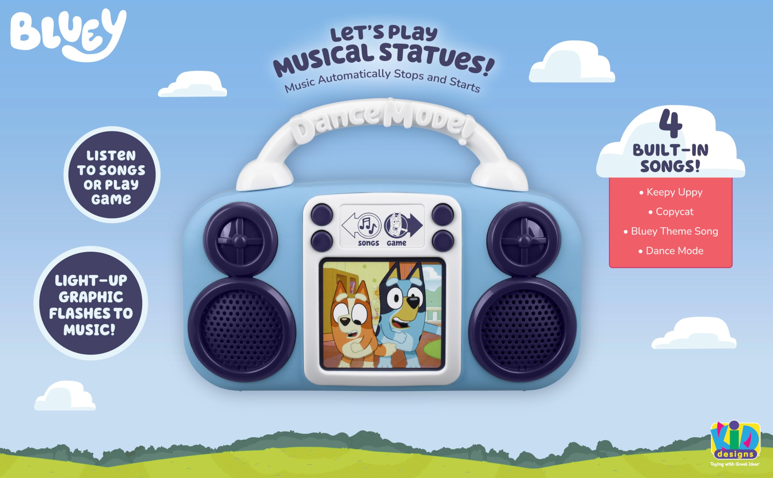 eKids Bluey en uso durante el juego de estatuas para movimiento