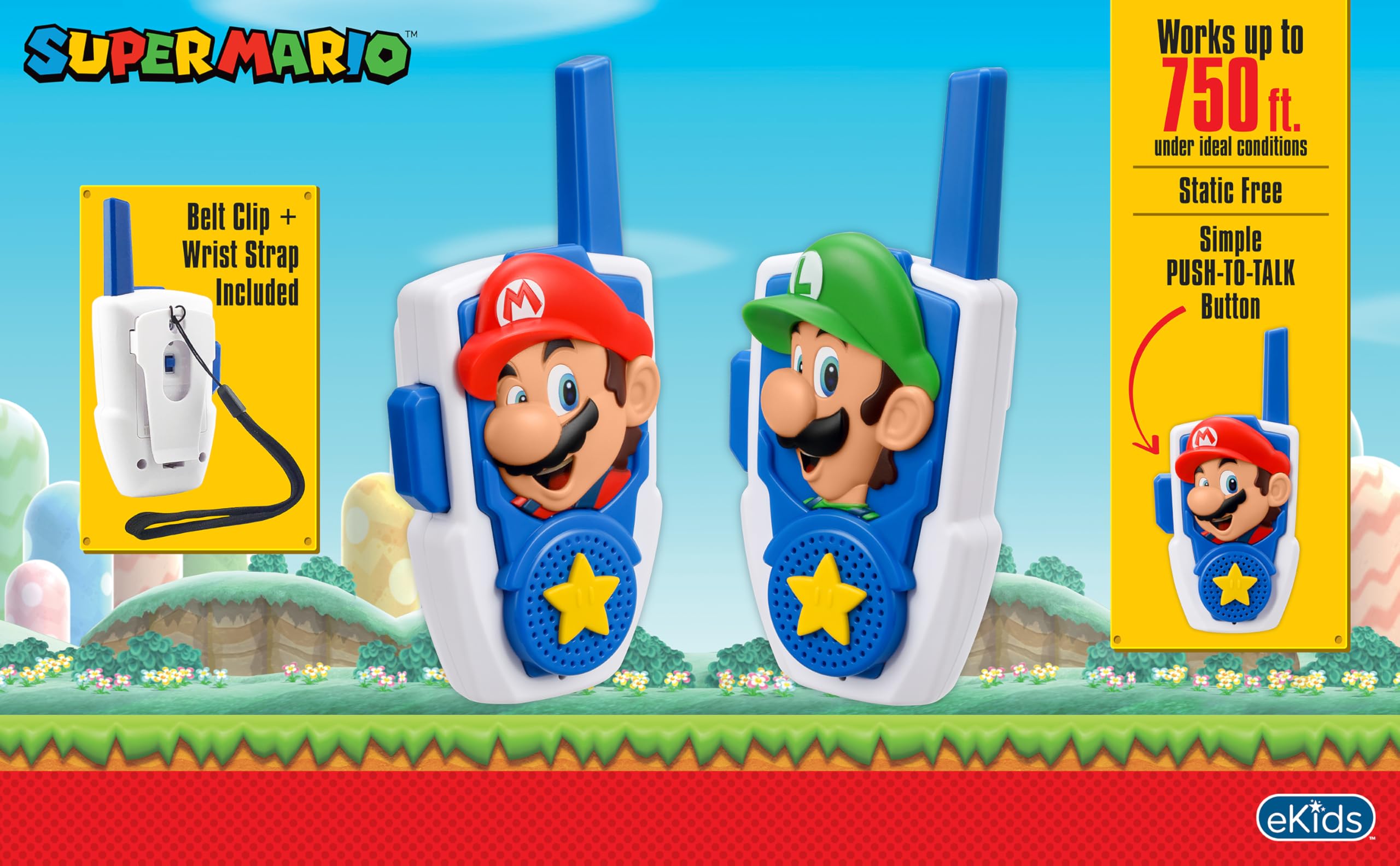 eKids close-up de gráficos de Mario y Luigi, colores reconocibles y diversión