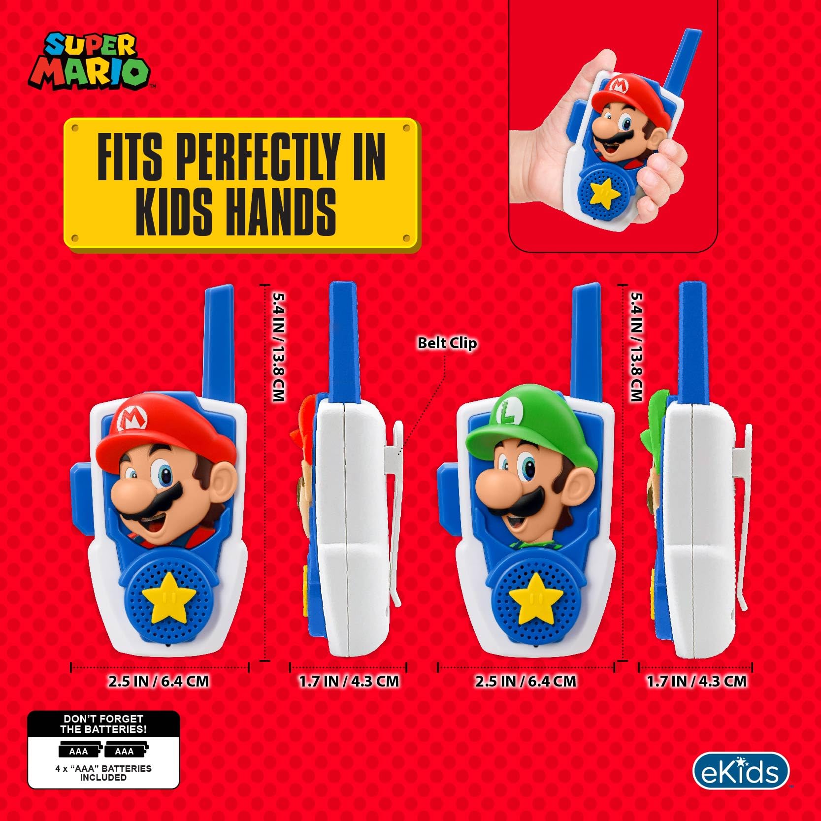 eKids dos niños usando walkie talkies Super Mario en parque disfrutando
