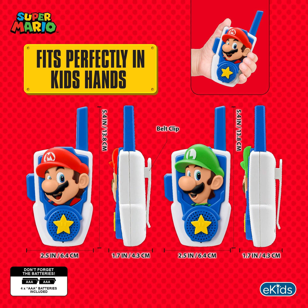 eKids dos niños usando walkie talkies Super Mario en parque disfrutando