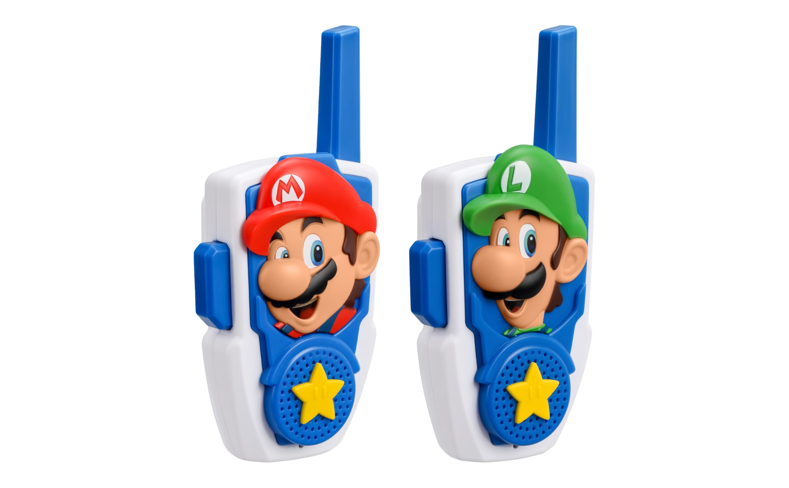 eKids caja abierta con walkie talkies, pilas y accesorios listos para usar