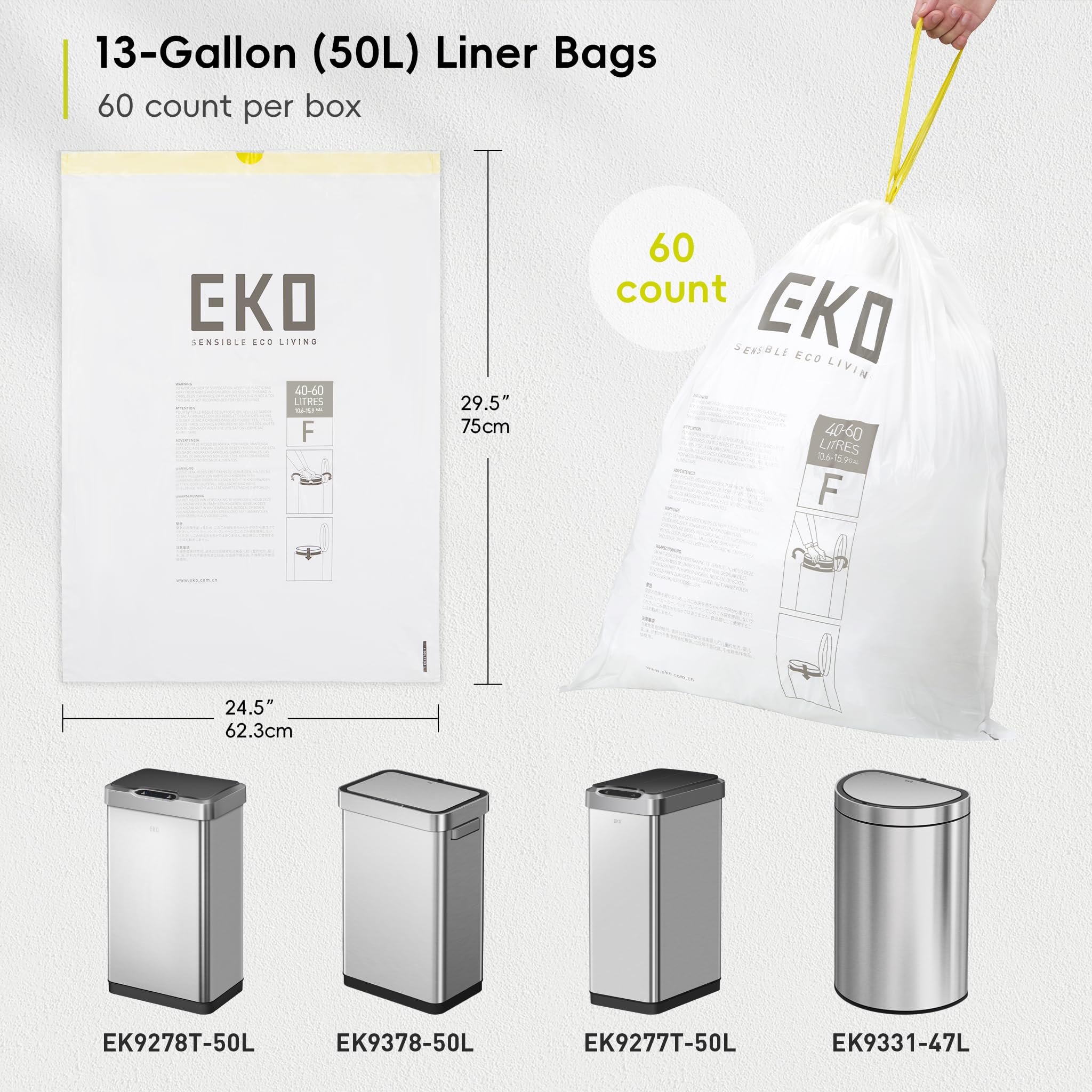 EKO comparación tamaño 13 galones compatibilidad visual