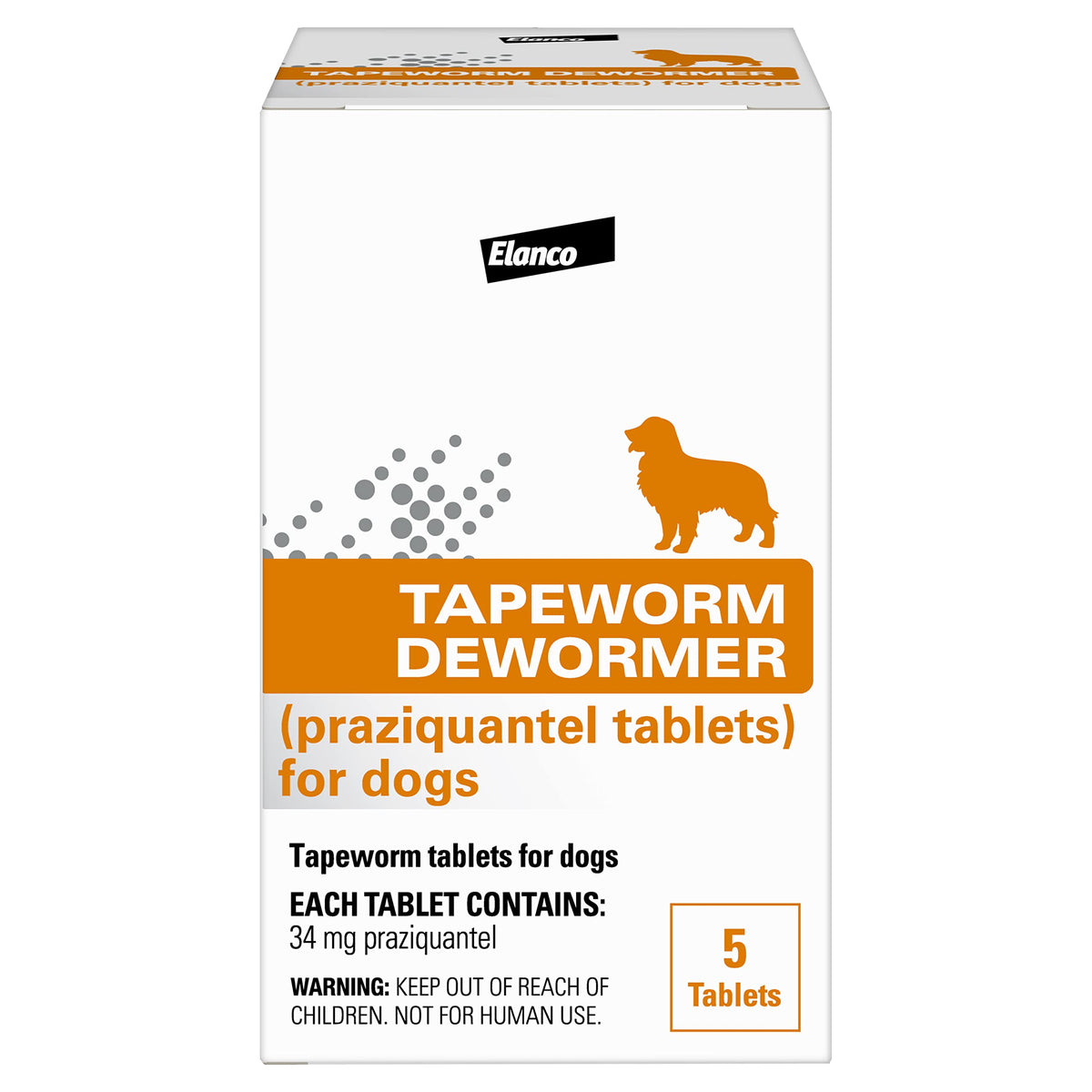 Elanco envase frontal de Tapeworm Dewormer mostrando cantidad y marca, fácil identificación