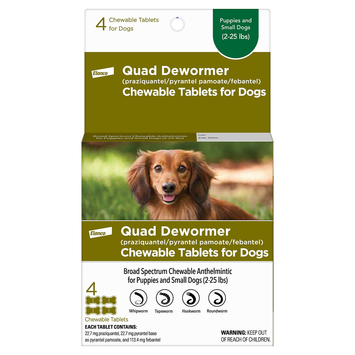 Elanco empaque frontal mostrando 4 tabletas, facilita identificación del producto