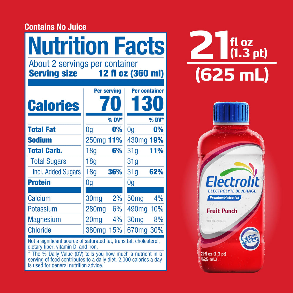 Electrolit junto a una mano para mostrar tamaño de 21 fl oz práctico