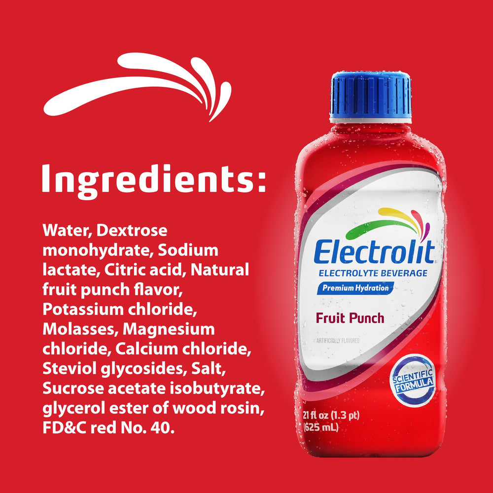 Electrolit close-up de etiqueta con lista de electrolitos y beneficios