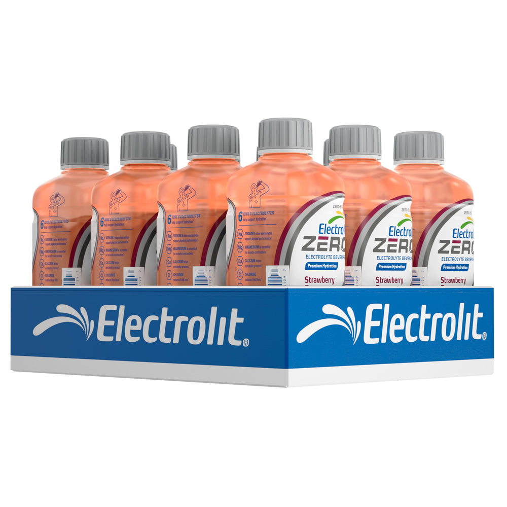 Electrolit Zero fresa-plátano vista frontal con botella y etiqueta visibles