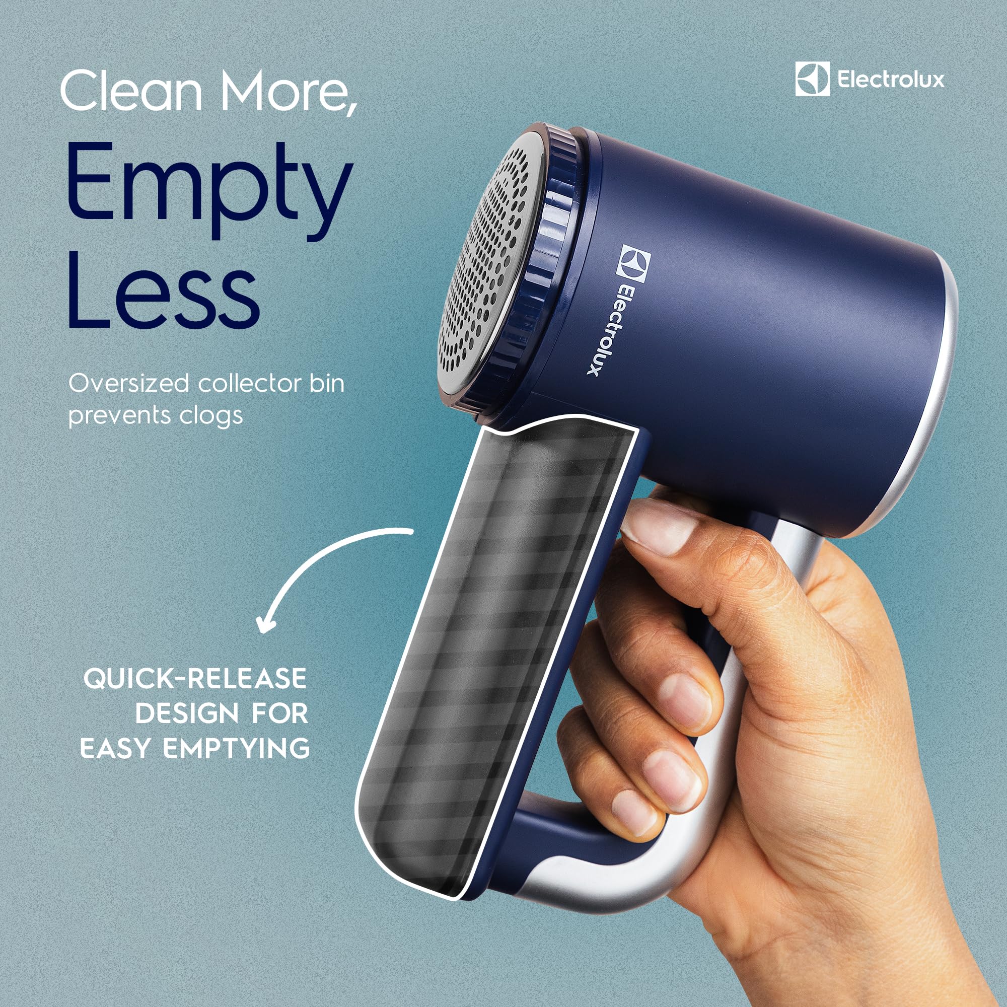 Electrolux comparación de tamaño junto a una mano para ver escala y portabilidad