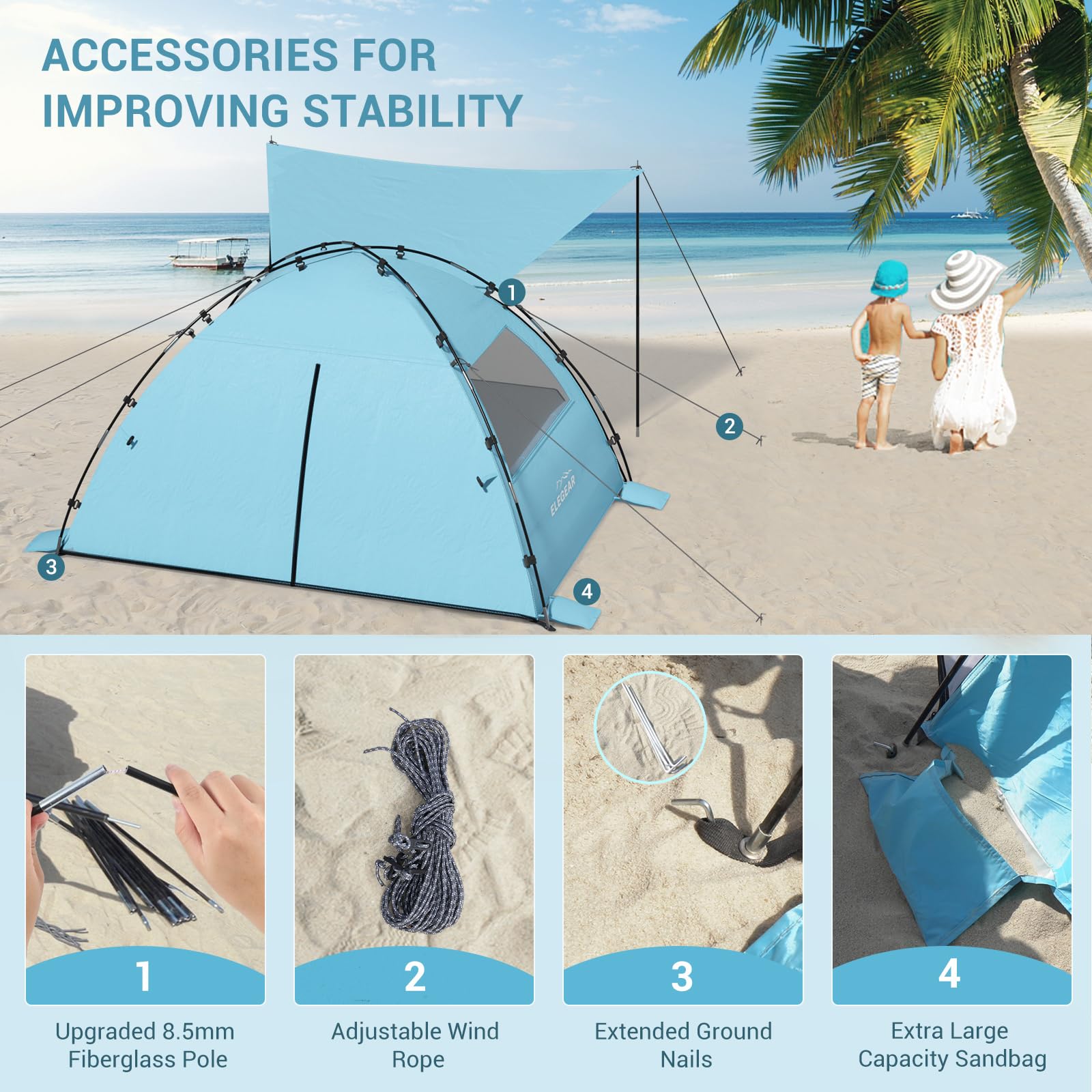 Elegear tienda en uso con familia disfrutando sombra y confort