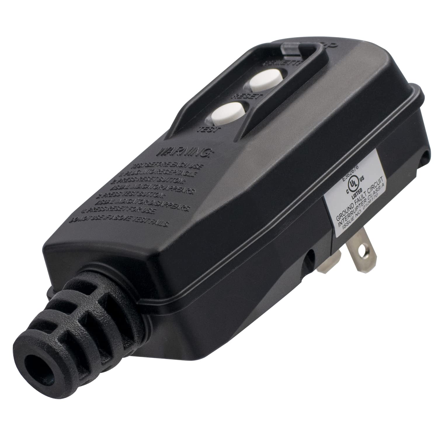 ELEGRP vista frontal del ensamblaje GFCI mostrando botones y clavijas, seguridad inmediata