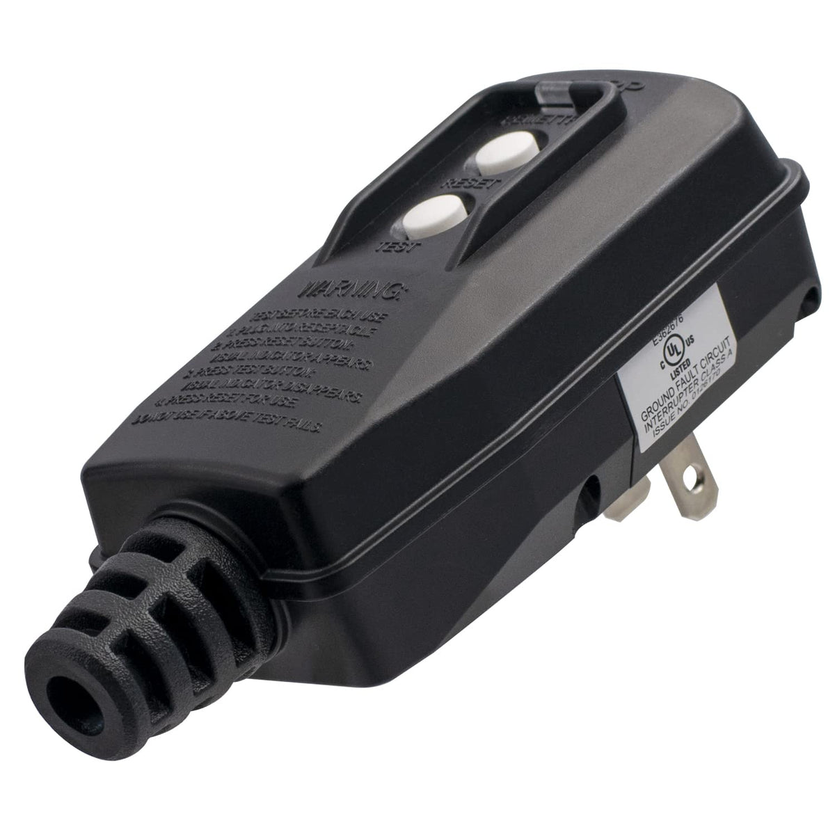 ELEGRP vista frontal del ensamblaje GFCI mostrando botones y clavijas, seguridad inmediata