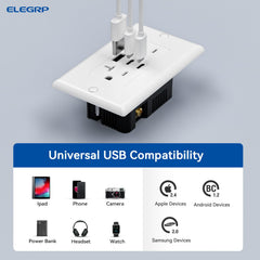ELEGRP toma instalada en cocina con smartphone cargando, conveniencia diaria