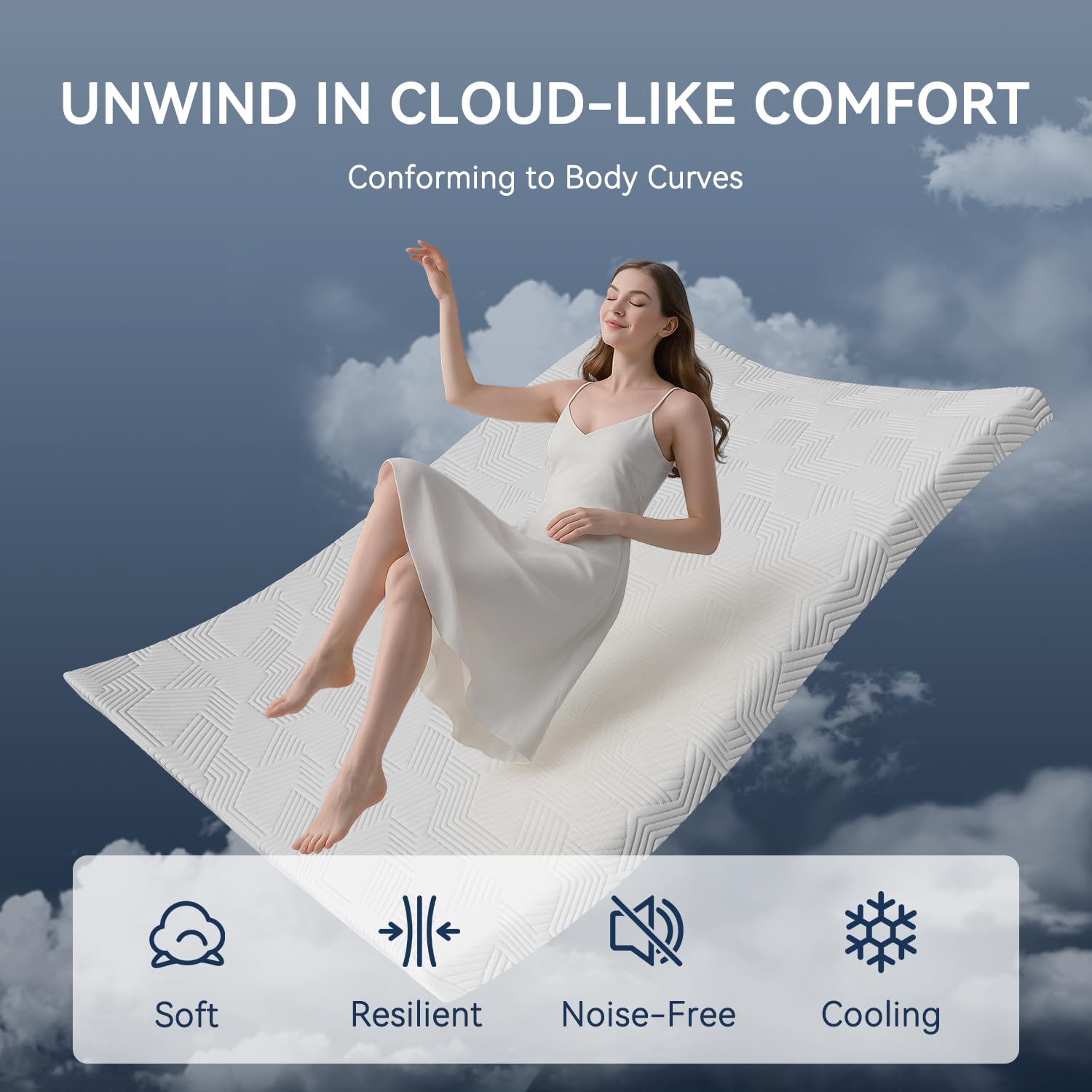 ELEMUSE topper colocado en cama de dormitorio, mejora inmediata del descanso