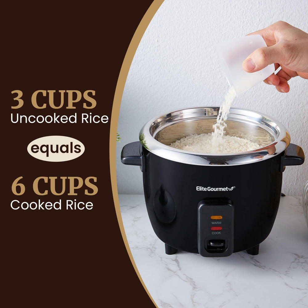 Elite Gourmet arrocera en uso cocinando arroz y manteniéndolo caliente para servir