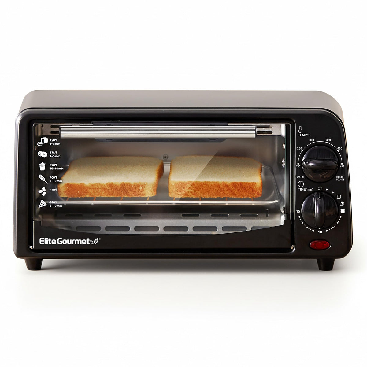 Elite Gourmet vista frontal del horno tostador negro, diseño compacto y elegante