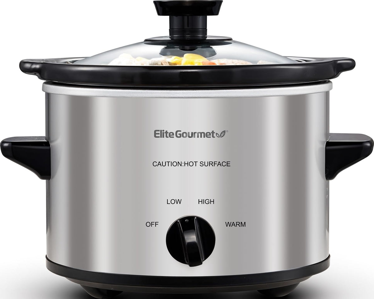 Elite Gourmet vista frontal acero inoxidable, diseño compacto y elegante