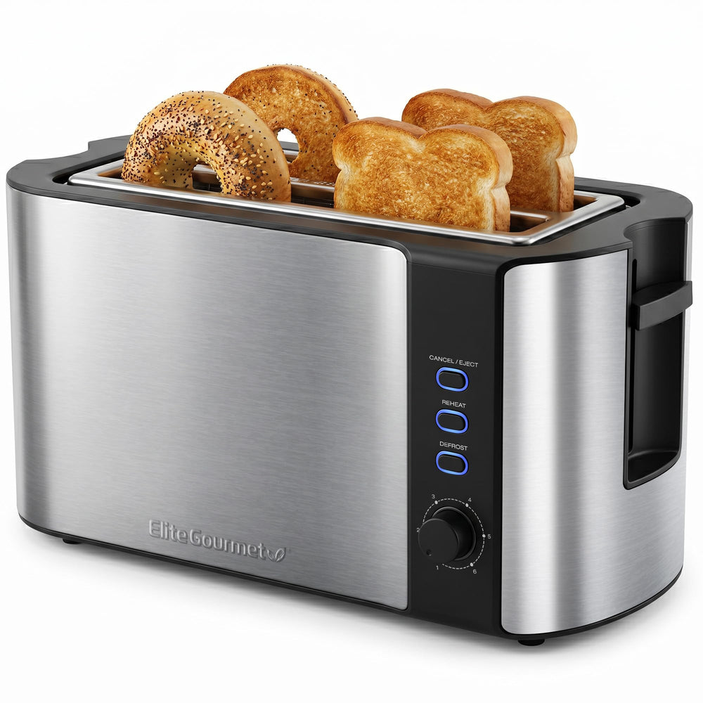 Elite Gourmet vista frontal en acero inoxidable con acabado duradero