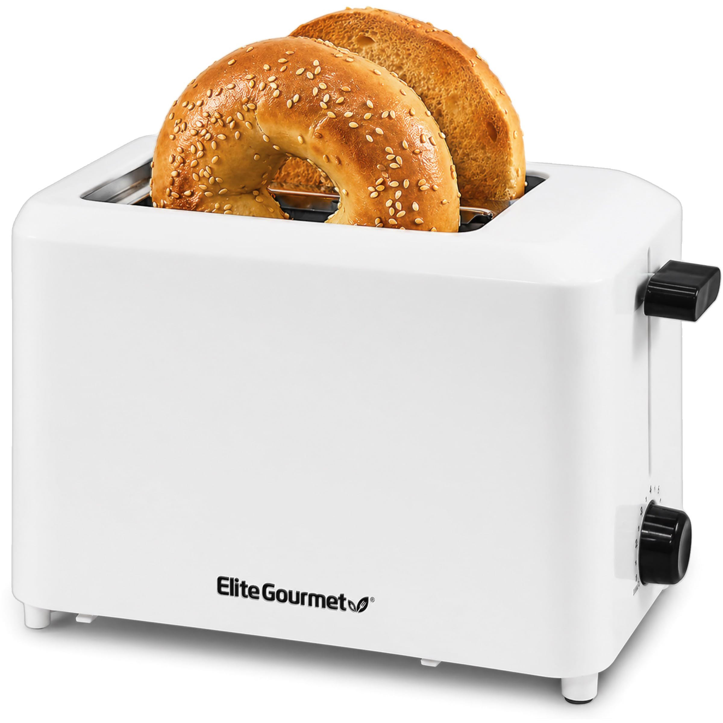 Elite Gourmet vista frontal blanco mostrando ranuras y diseño seguro