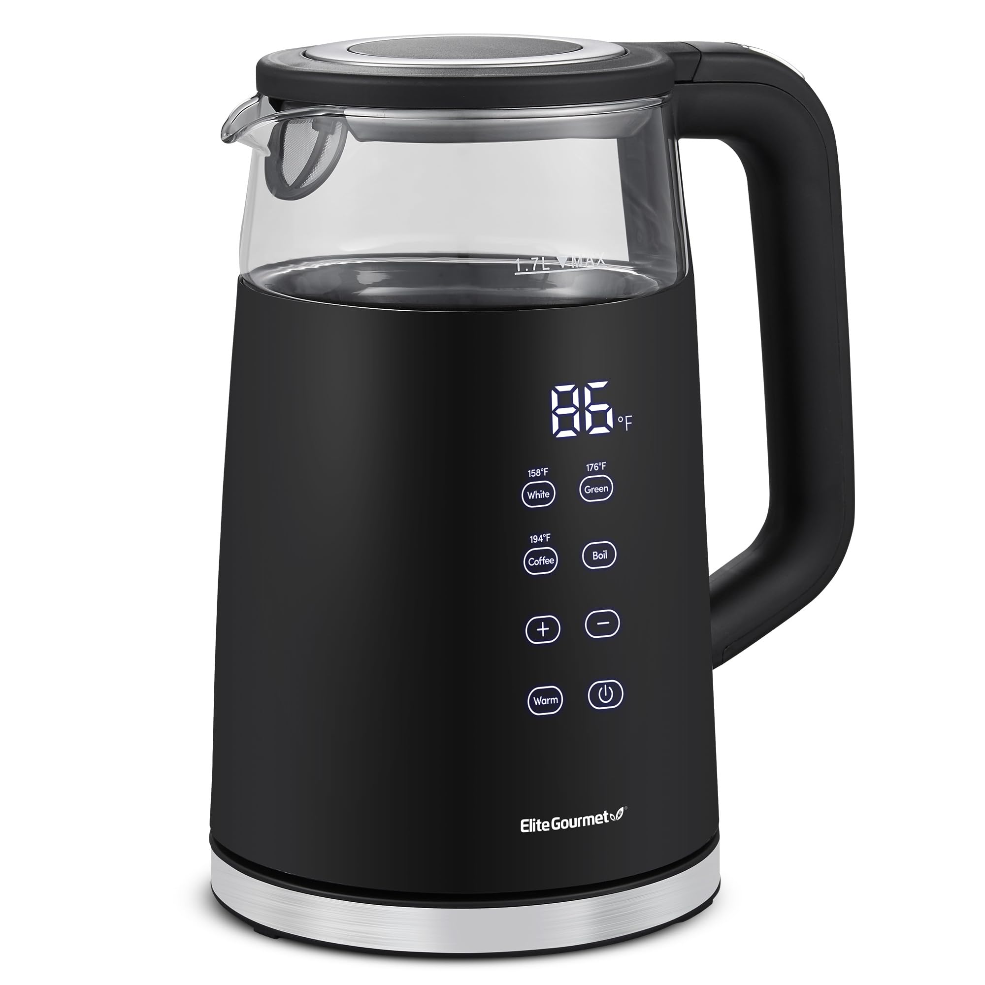 Elite Gourmet vista frontal del hervidor negro mostrando diseño elegante y beneficio estético