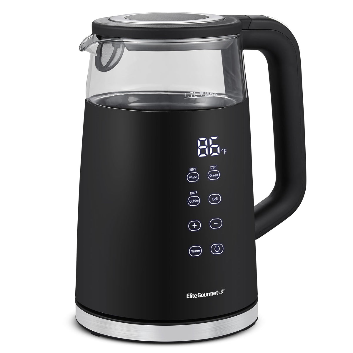 Elite Gourmet vista frontal del hervidor negro mostrando diseño elegante y beneficio estético