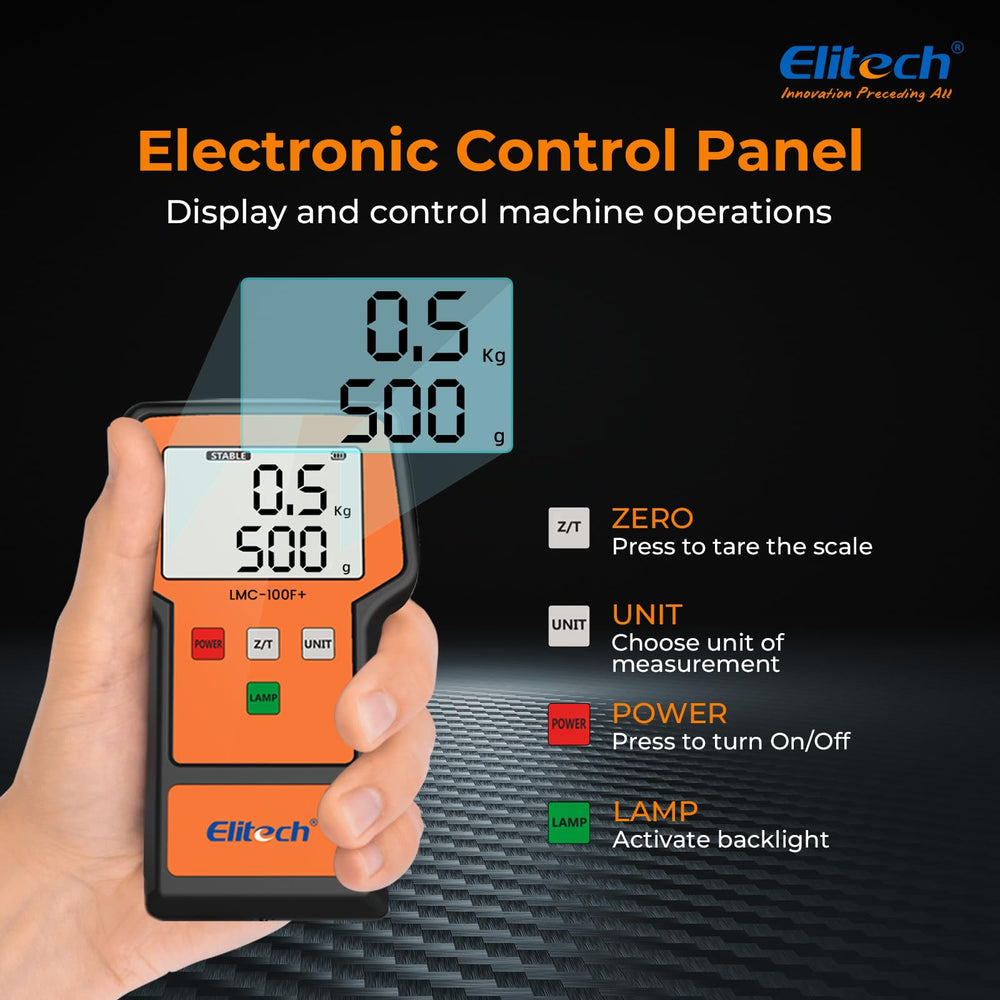 Elitech LMC-100F comparada con manos para mostrar tamaño y portabilidad