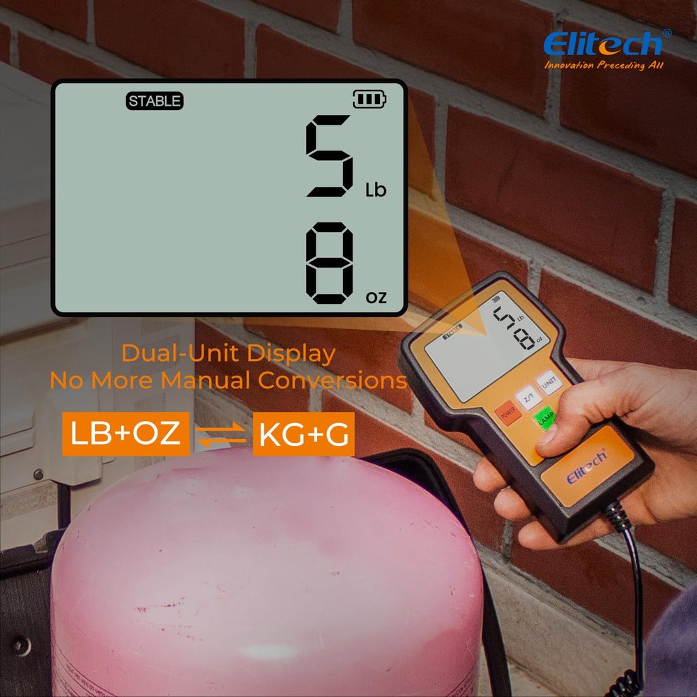 Elitech LMC-100F pesando un cilindro de refrigerante para control de carga exacta