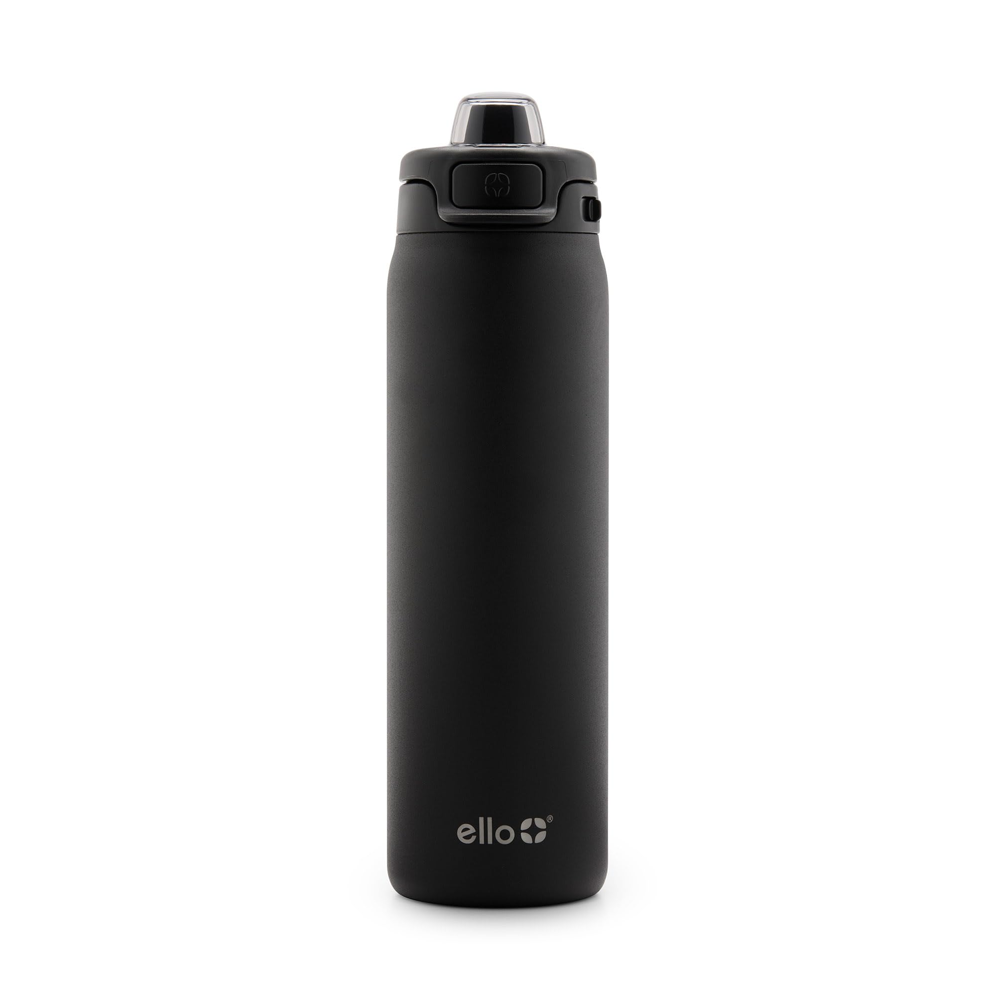 Ello botella frontal negra mostrando diseño elegante y beneficio portátil