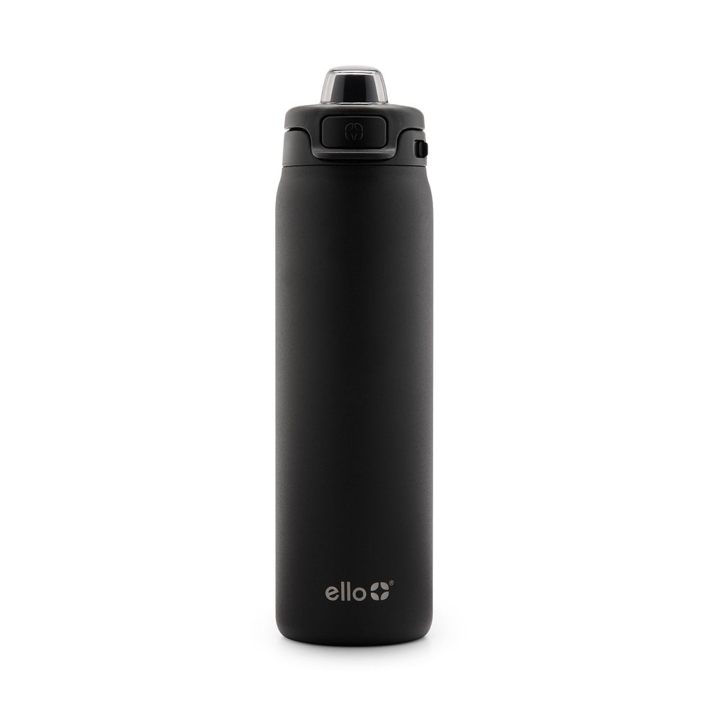 Ello botella frontal negra mostrando diseño elegante y beneficio portátil