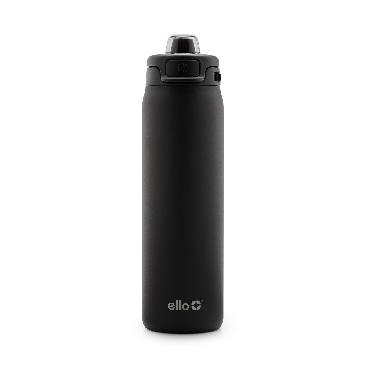 Ello botella frontal negra mostrando diseño elegante y beneficio portátil