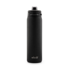 Ello botella frontal negra mostrando diseño elegante y beneficio portátil