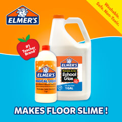 Comparación de tamaño de la botella Elmer's 1 cuarto junto a una mano, muestra capacidad