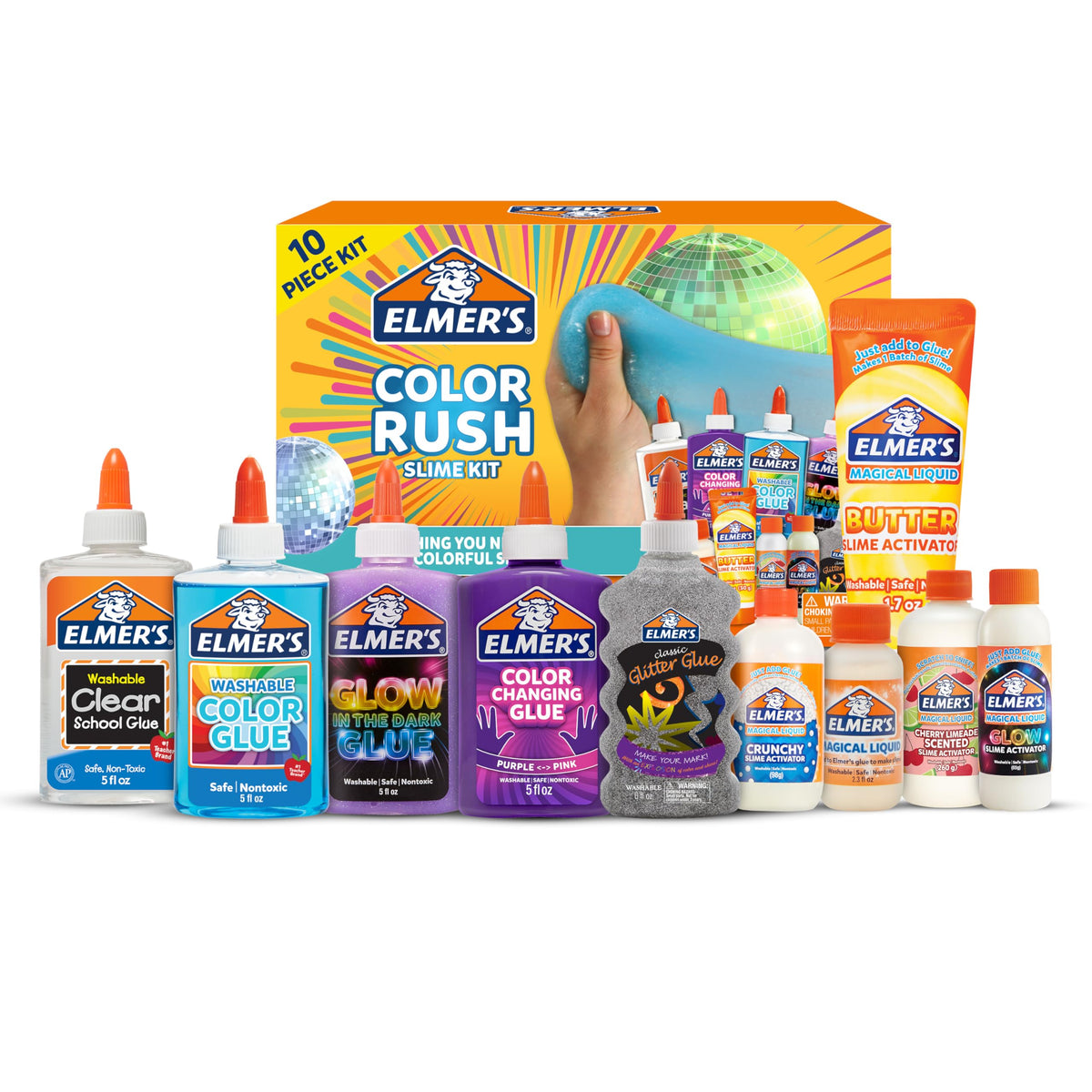 Elmer's empaque frontal del kit mostrando las 10 piezas y beneficios creativos