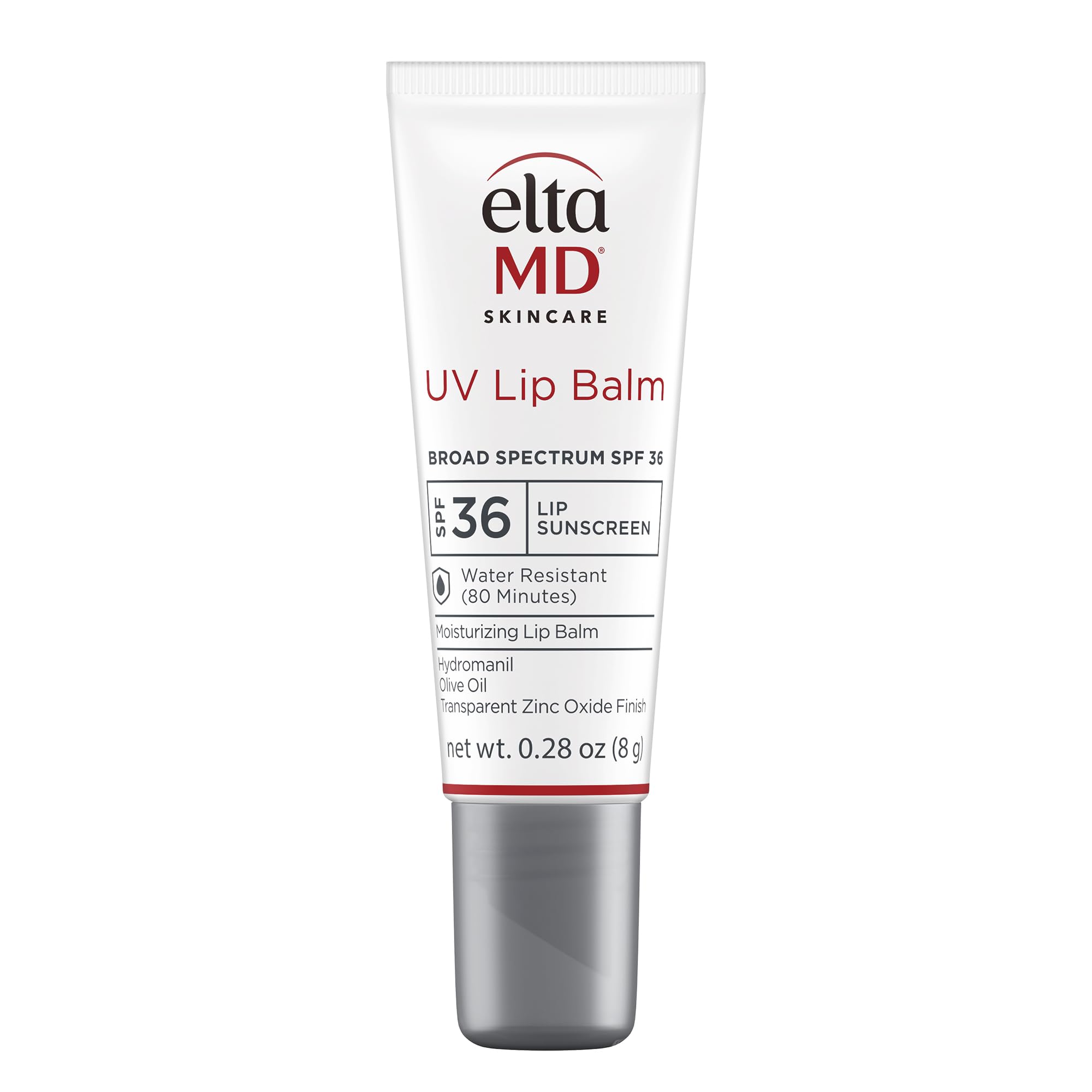 EltaMD frente del tubo de bálsamo labial mostrando el envase y SPF 30, protección visible