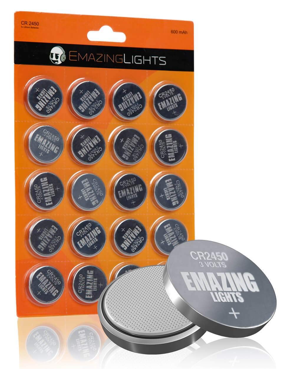 EmazingLights paquete frontal mostrando 20 pilas CR2450 y conveniencia