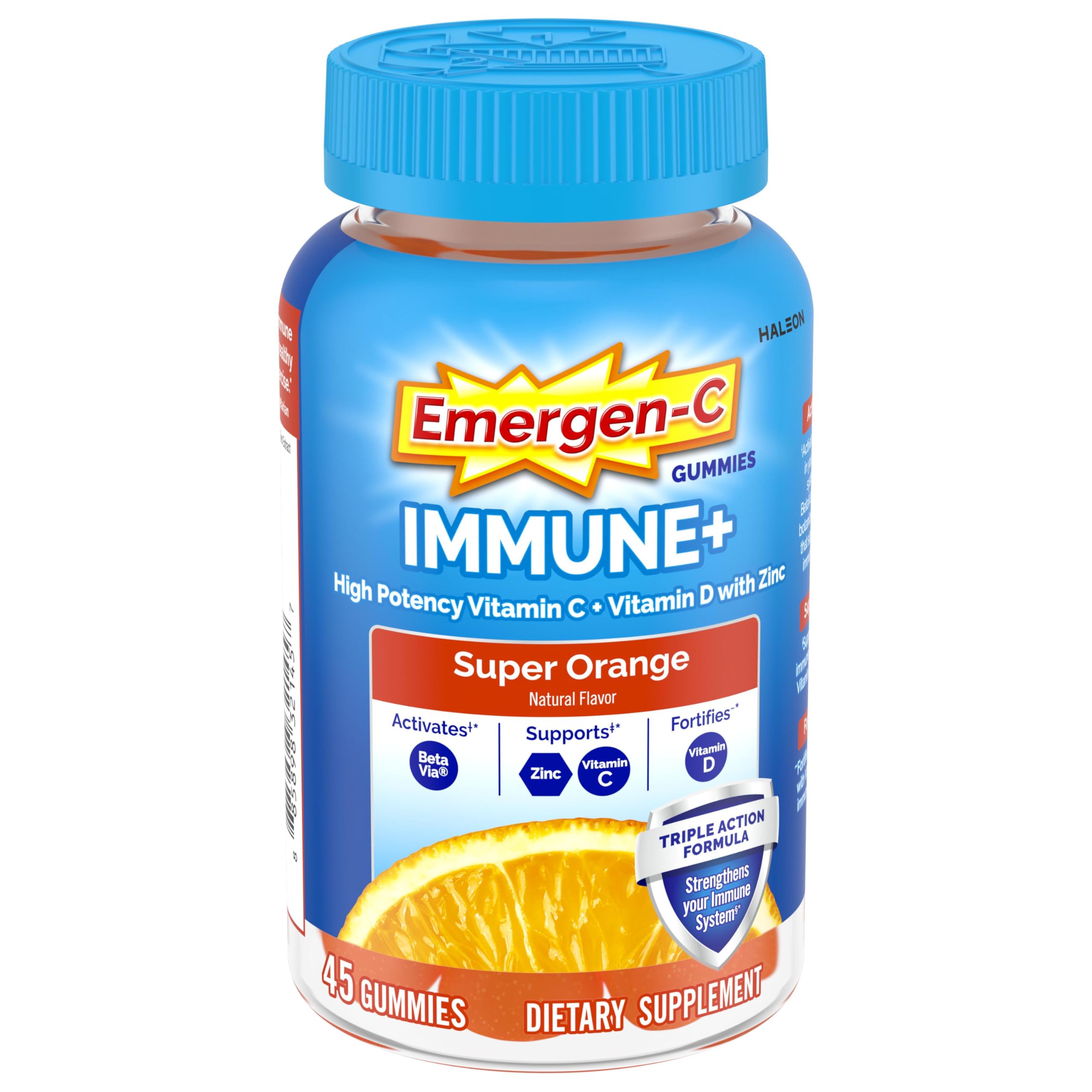 Emergen-C frasco frontal naranja mostrando etiqueta y beneficios rápidos