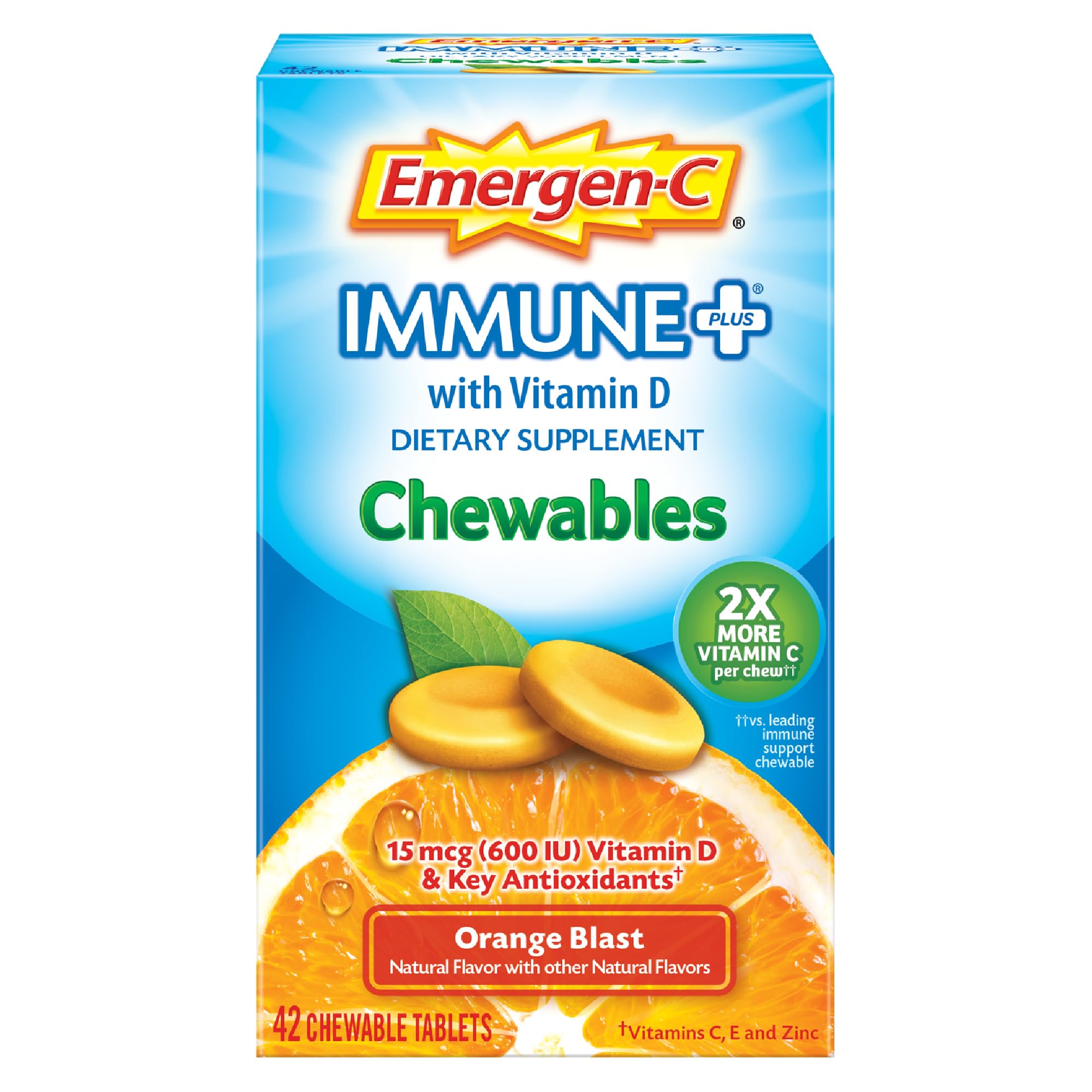 Emergen-C frasco frontal naranja mostrando marca y beneficio práctico