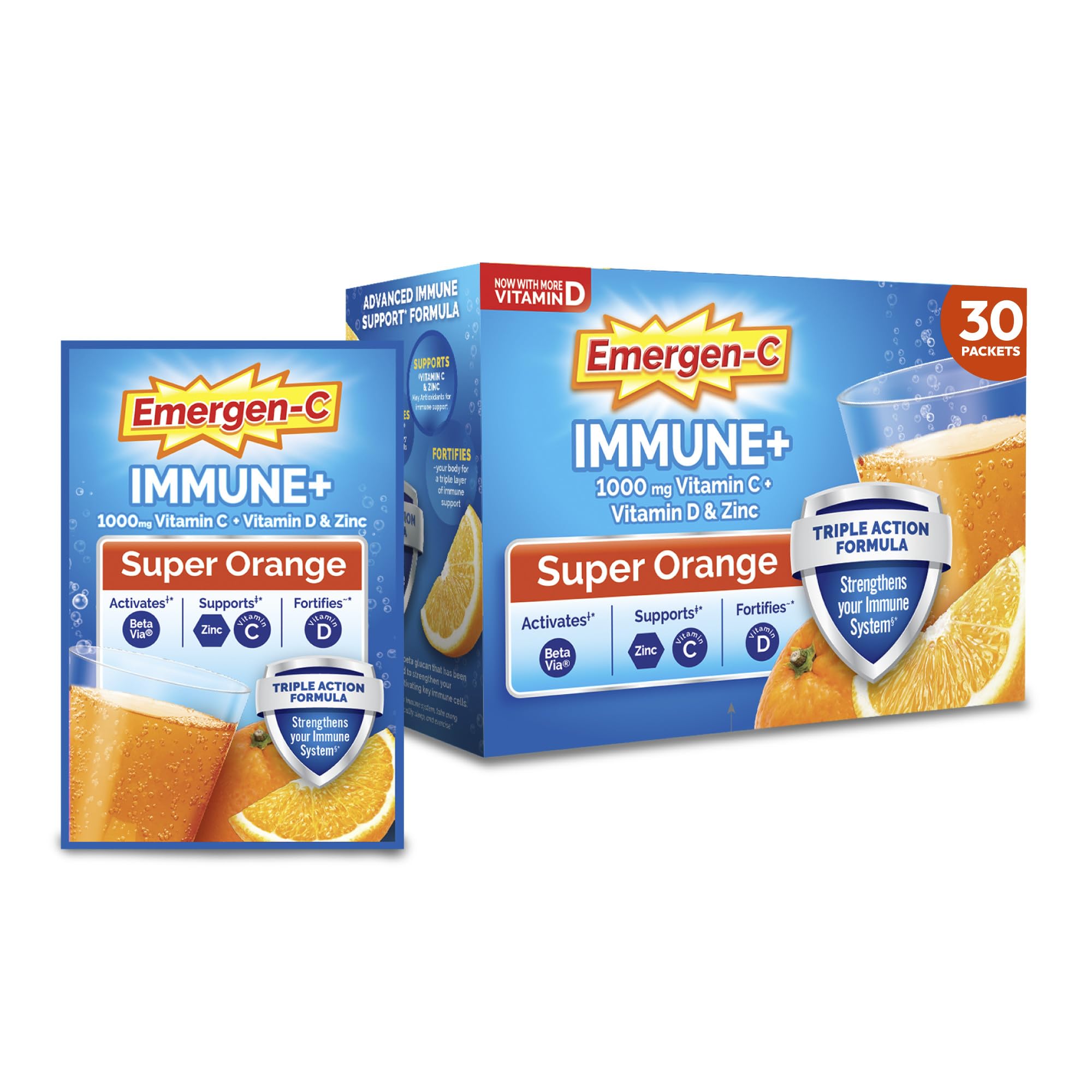 Emergen-C empaque frontal Super Orange mostrando caja y diseño, conveniente para uso diario