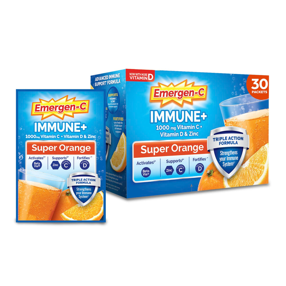Emergen-C empaque frontal Super Orange mostrando caja y diseño, conveniente para uso diario