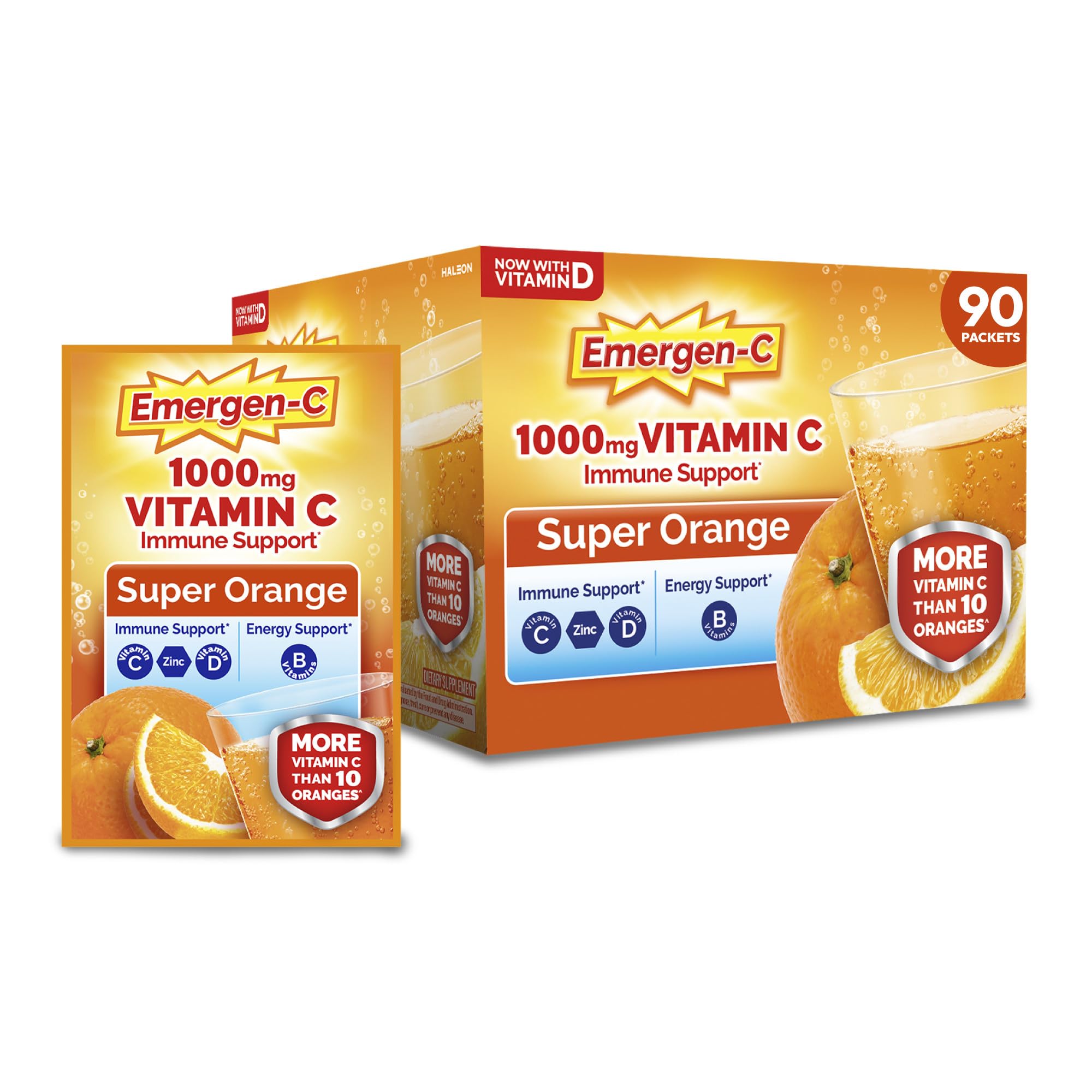 Emergen-C paquete frontal mostrando sabor Super Orange y 90 sobres, práctico