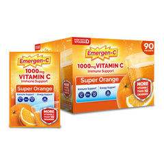 Emergen-C paquete frontal mostrando sabor Super Orange y 90 sobres, práctico