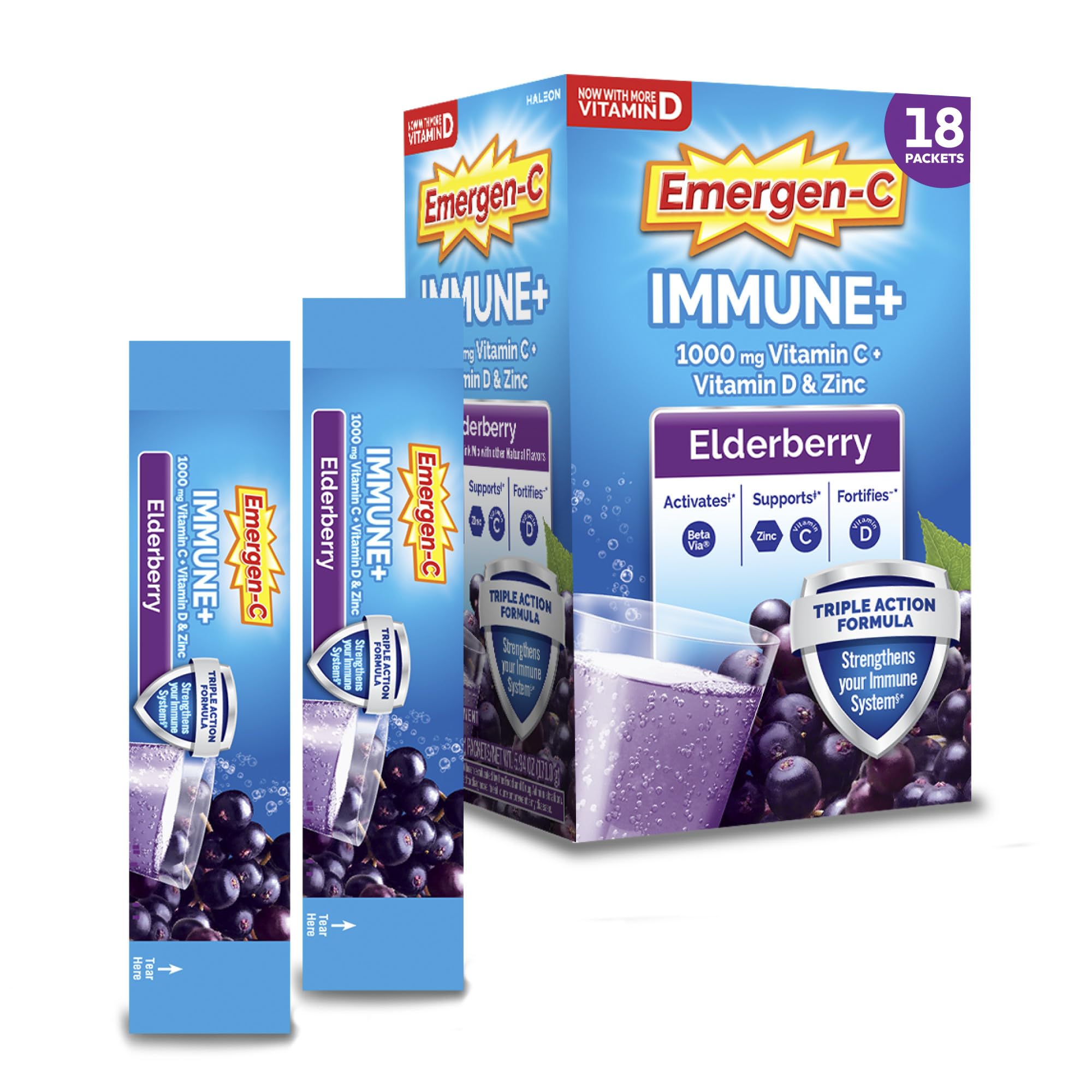Emergen-C empaque frontal mostrando 18 sobres y beneficio de apoyo inmune