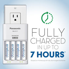 Cargador Panasonic CC17 con cuatro pilas insertadas, carga individual eficiente