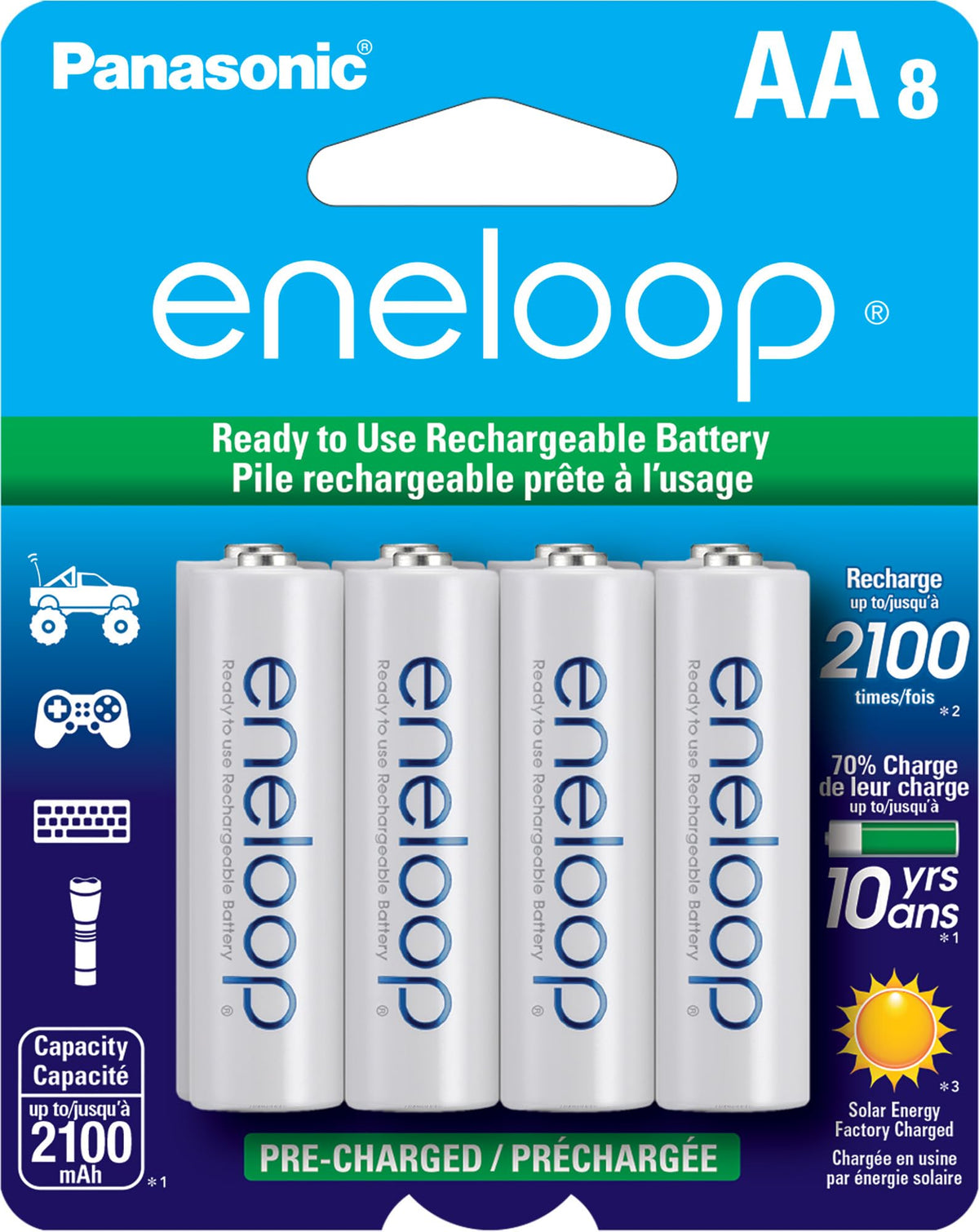 Eneloop paquete frontal mostrando las 8 pilas y beneficio de lista para usar