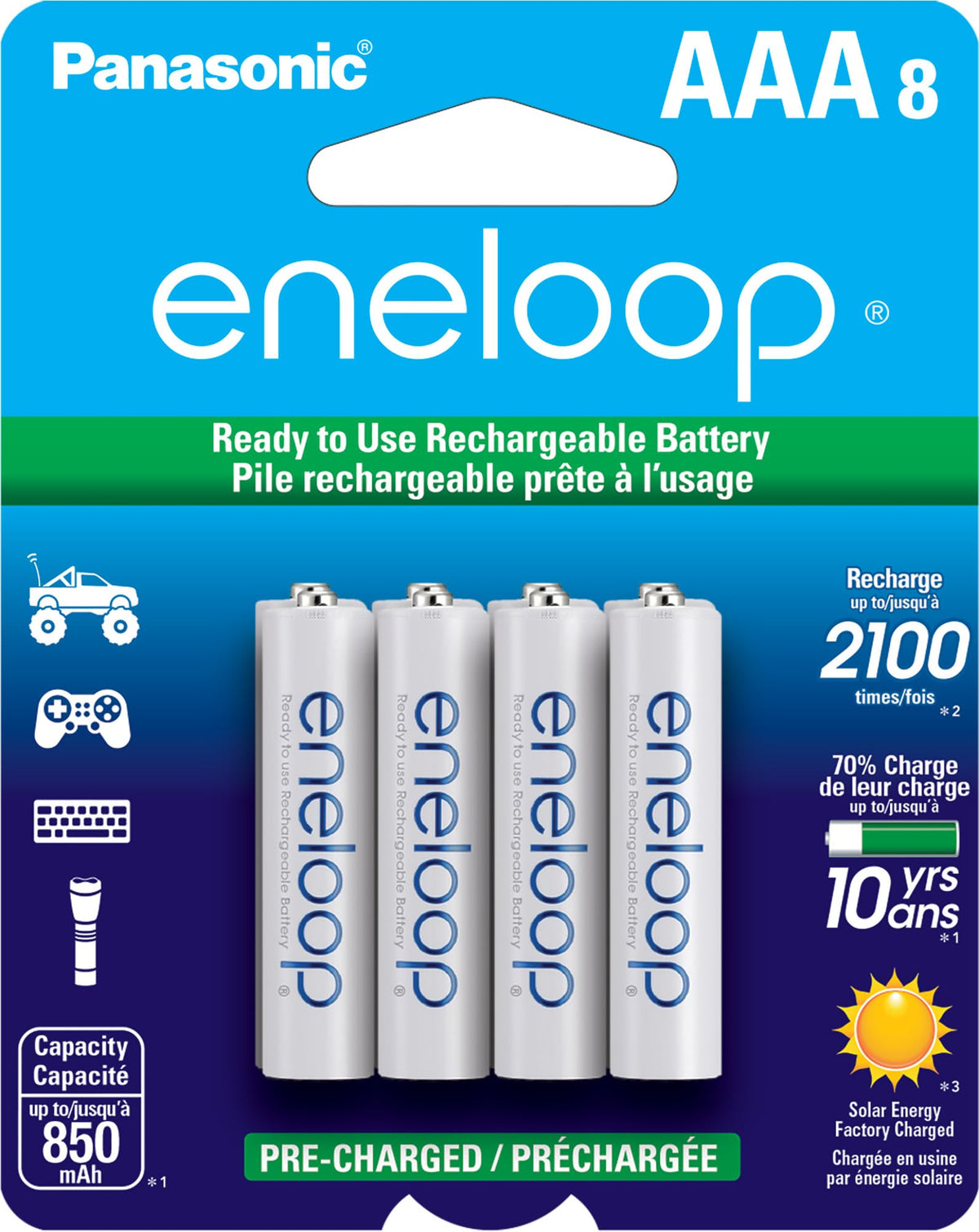 Eneloop paquete de 8 AAA frontal mostrando marca y formato lista para uso