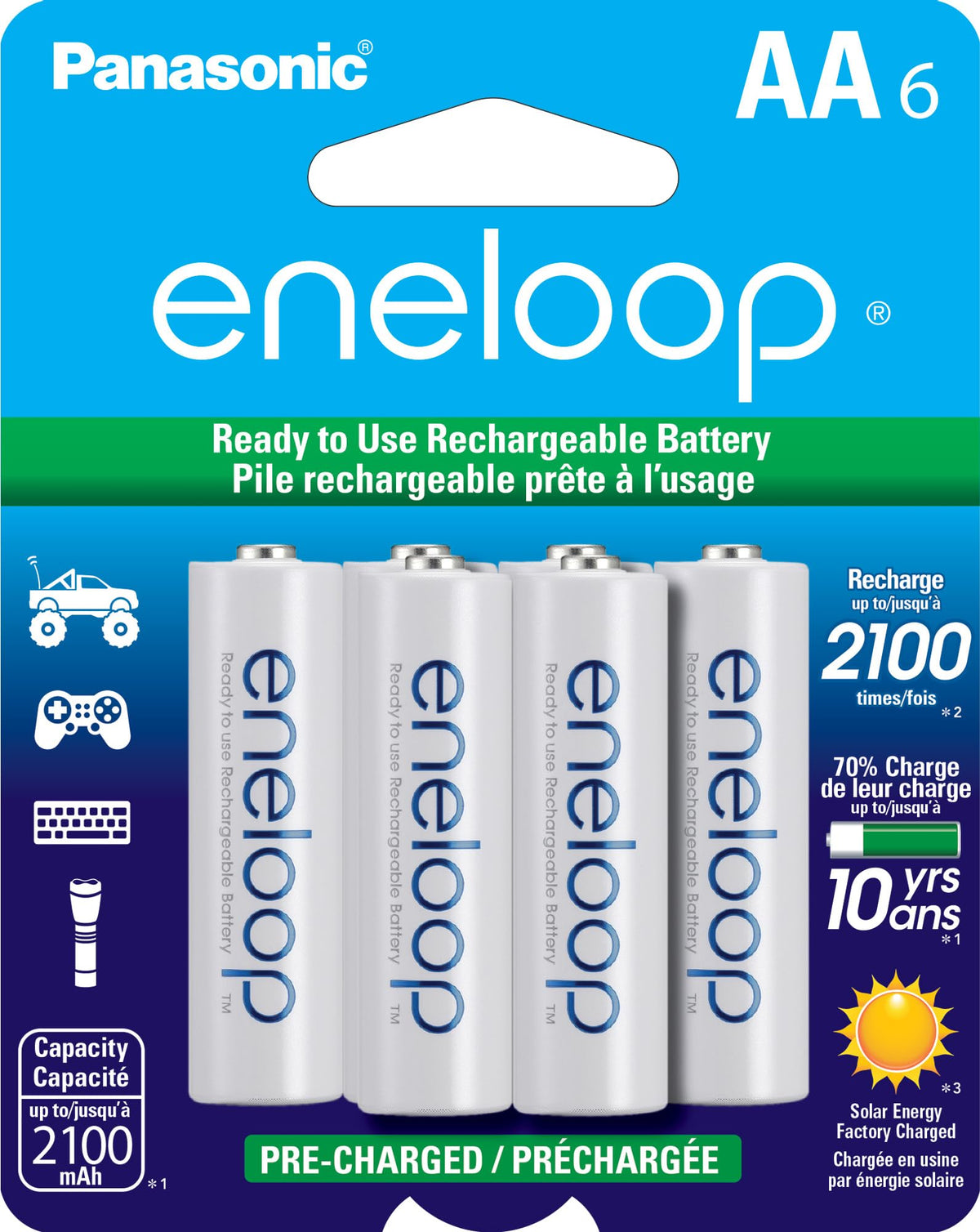 Eneloop pack frontal mostrando las seis pilas AA listo para uso inmediato