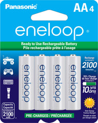Eneloop paquete delantero mostrando 4 pilas y embalaje protector Eneloop beneficio fiabilidad