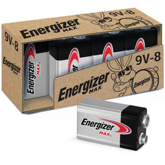 Energizer paquete frontal de 8 pilas 9V muestra cantidad y embalaje confiable