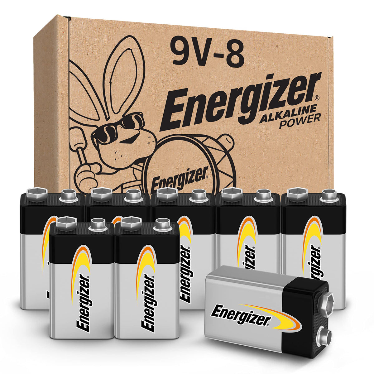Energizer 9V pack front view showing eight batteries and clear packaging for quick selection